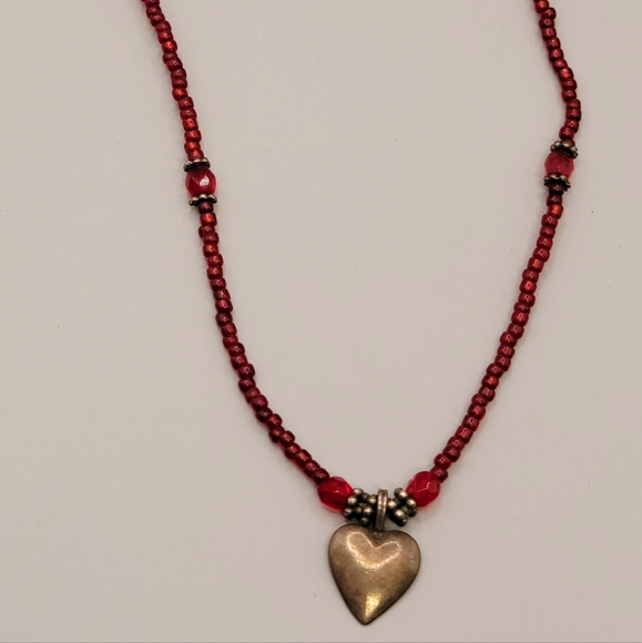 Sterling Silver red seed bead heart necklace signed IFS STER - Picture 5 of 6